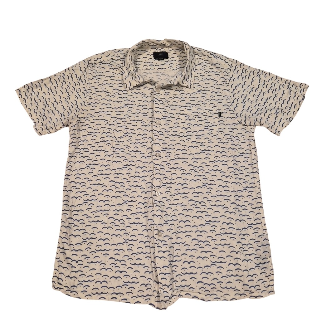 Obey Worldwide Mens Medium Cream Blue Abstract Print Viscose Short Sleeve Shirt